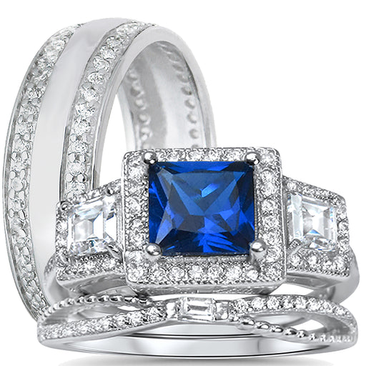 His Her Simulated Blue Simulated Sapphire Sterling Silver Wedding Ring Set