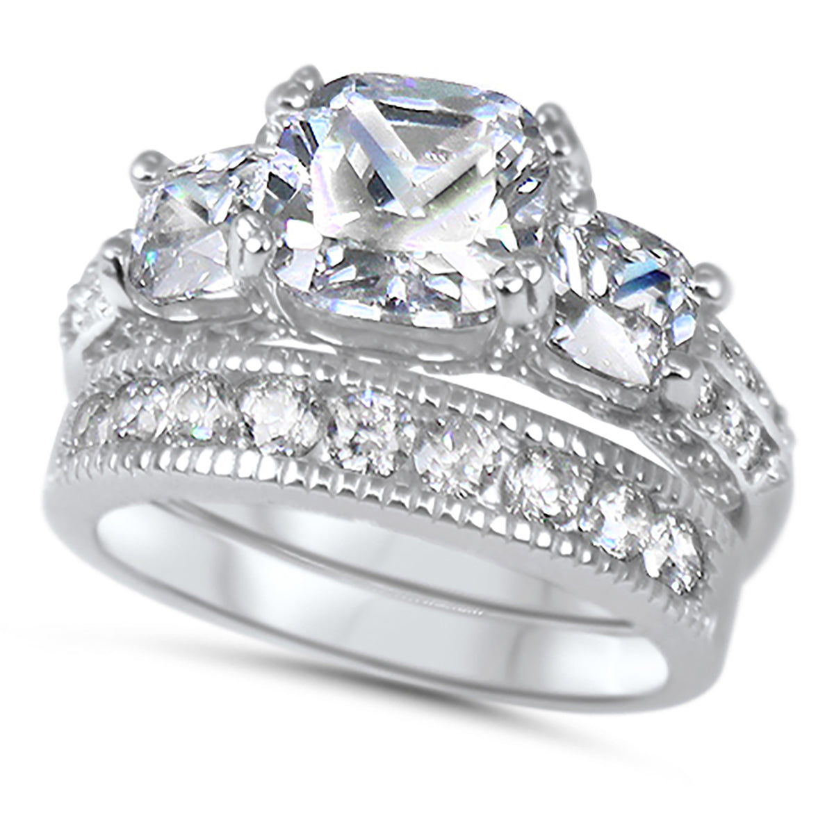 Front view of vintage Style CZ Silver Wedding and Engagement Ring Set