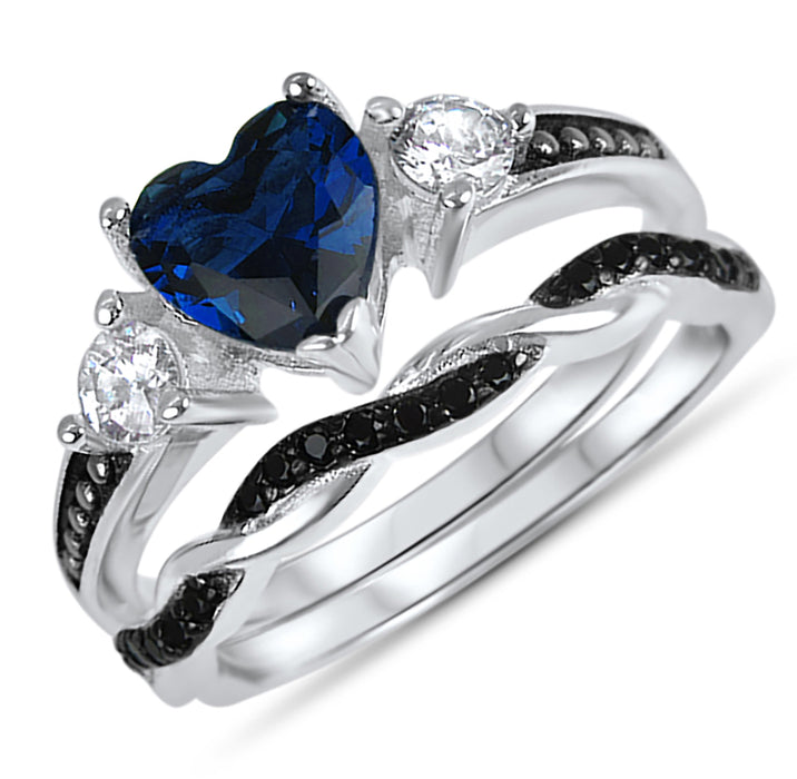 His Hers 3 Piece Trio Blue Black Wedding Band Engagement Ring Set Bride Groom Marriage