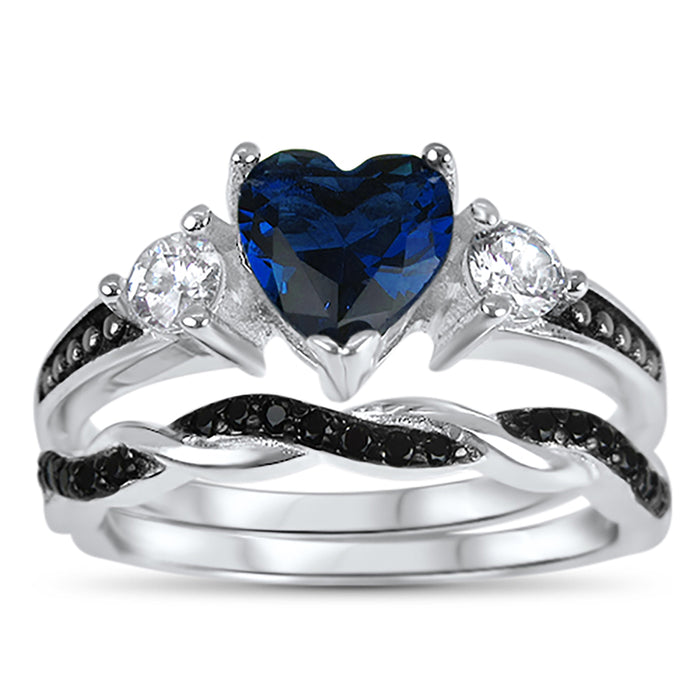 His and Her Unique Wedding Rings Set Blue Black Couples Rings Him Her