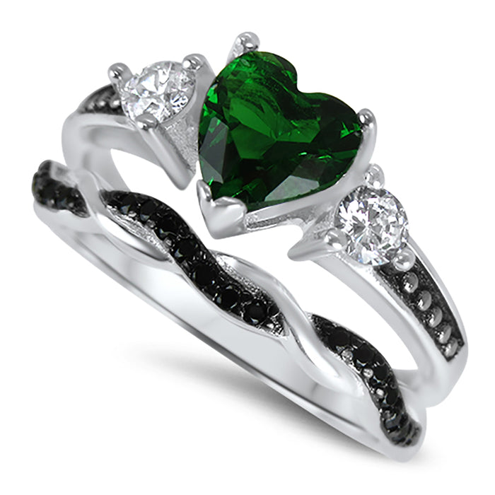 His Her Wedding Ring Set 3 Piece TRIO Green Heart Couples Bands