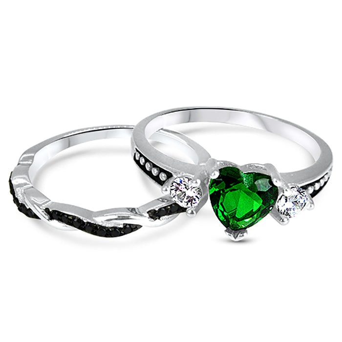 His Her Wedding Ring Set 3 Piece TRIO Green Heart Couples Bands