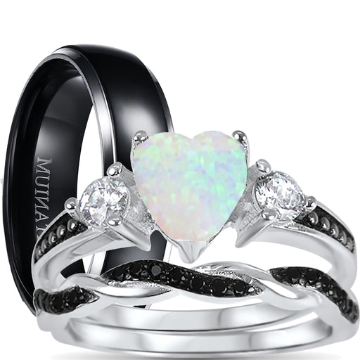 His Hers 3 Piece Trio Sterling Silver Black Wedding Band Engagement Ring Set