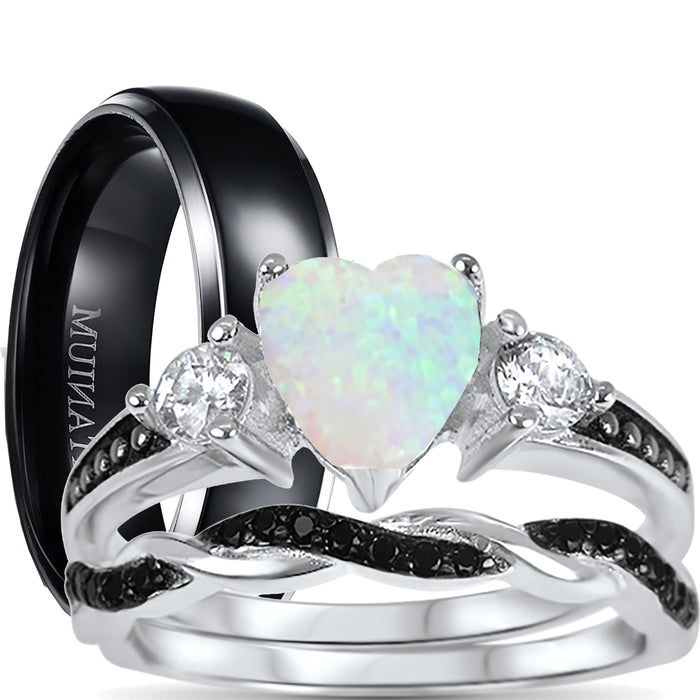 His Hers 3 Piece Trio Sterling Silver Black Wedding Band Engagement Ring Set