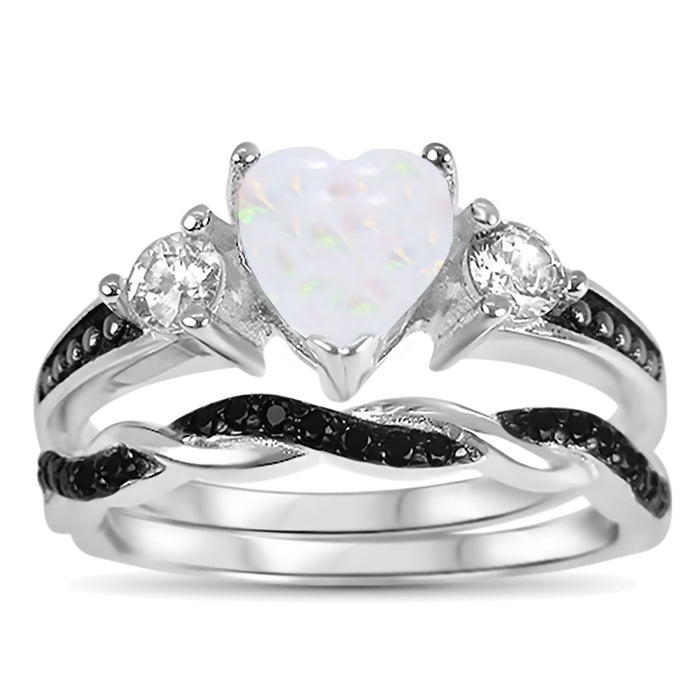 His Hers 3 Piece Trio Sterling Silver Black Wedding Band Engagement Ring Set