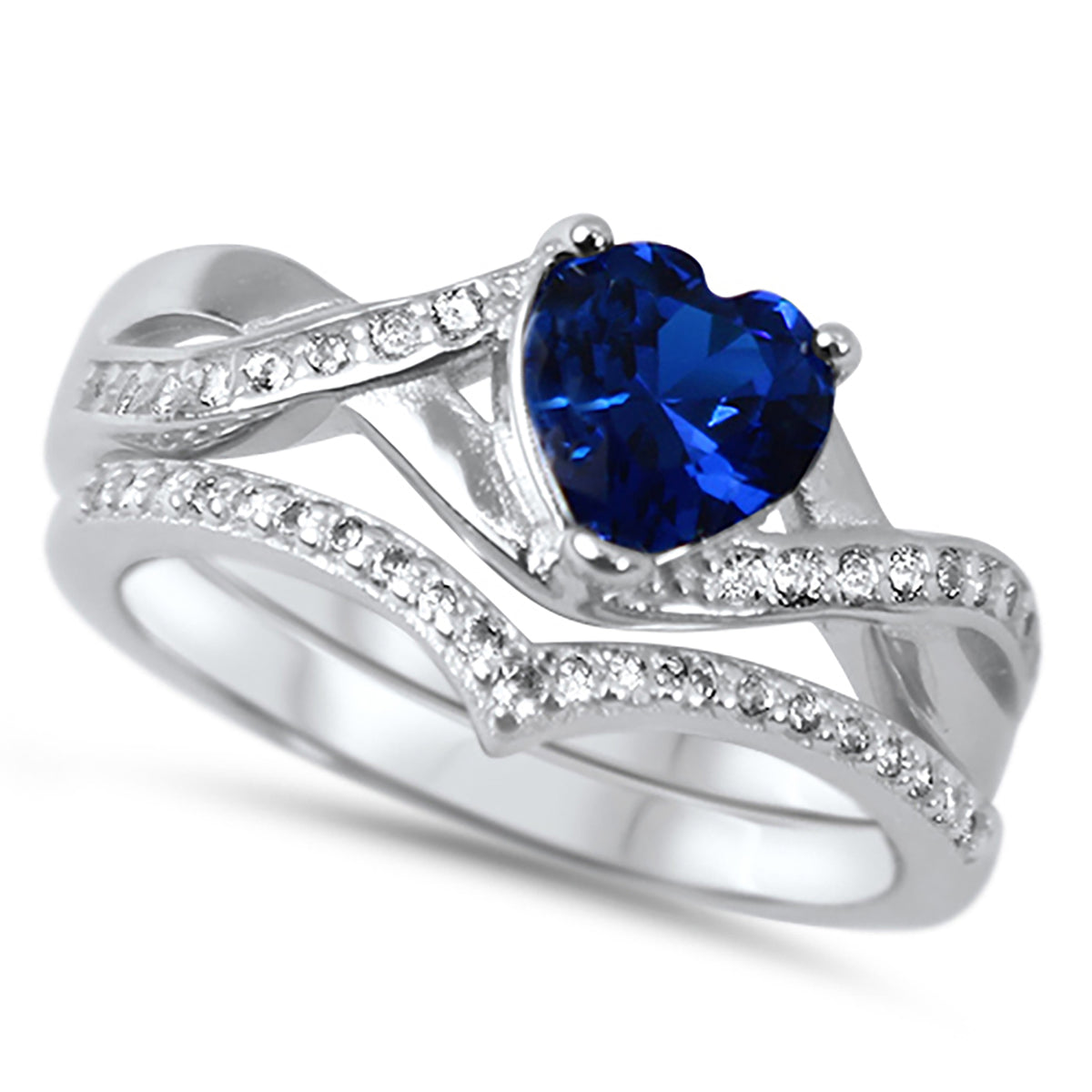Alternate view of heart Cut Simulated Blue Sapphire Wedding and Engagement Ring Set