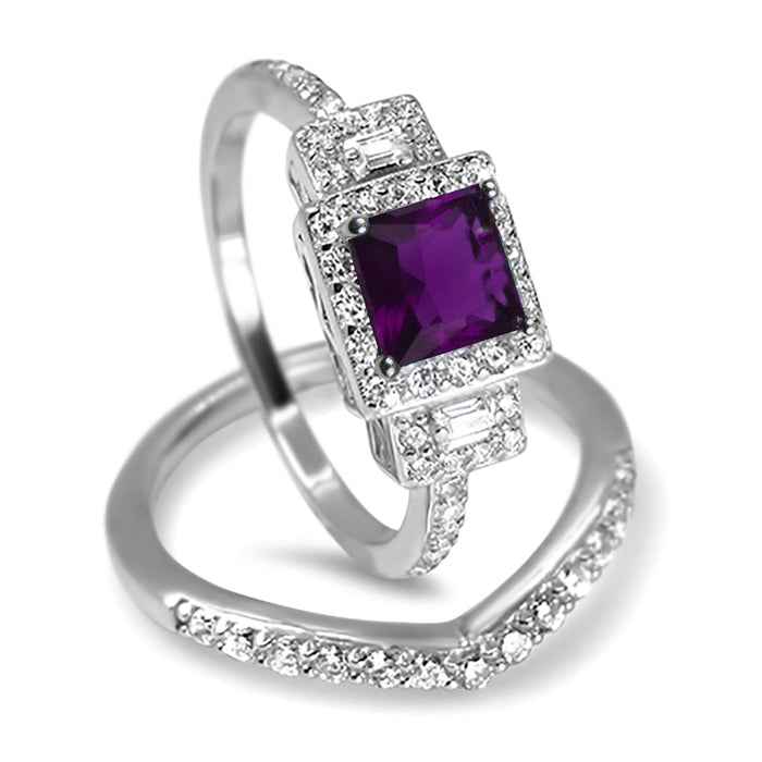 His Her TRIO Wedding Set Purple Amethyst Silver