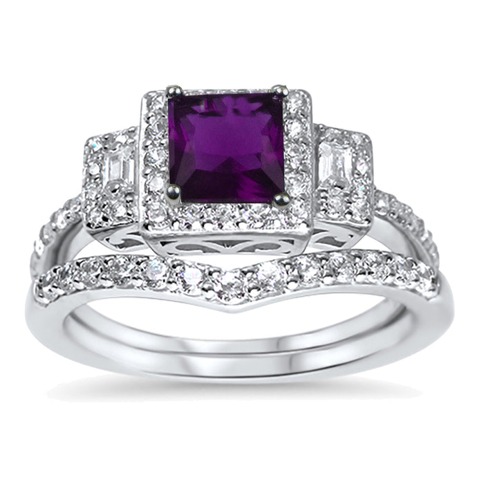 His Her TRIO Wedding Set Purple Amethyst Silver