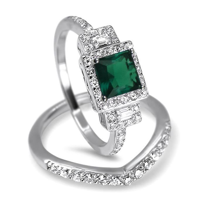 His and Her Simulated Emerald Green TRIO Wedding Ring Set