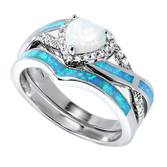 Alternate view of heart Cut Sterling Silver White Opal Sapphire Blue CZ Wedding and Engagement Ring Set