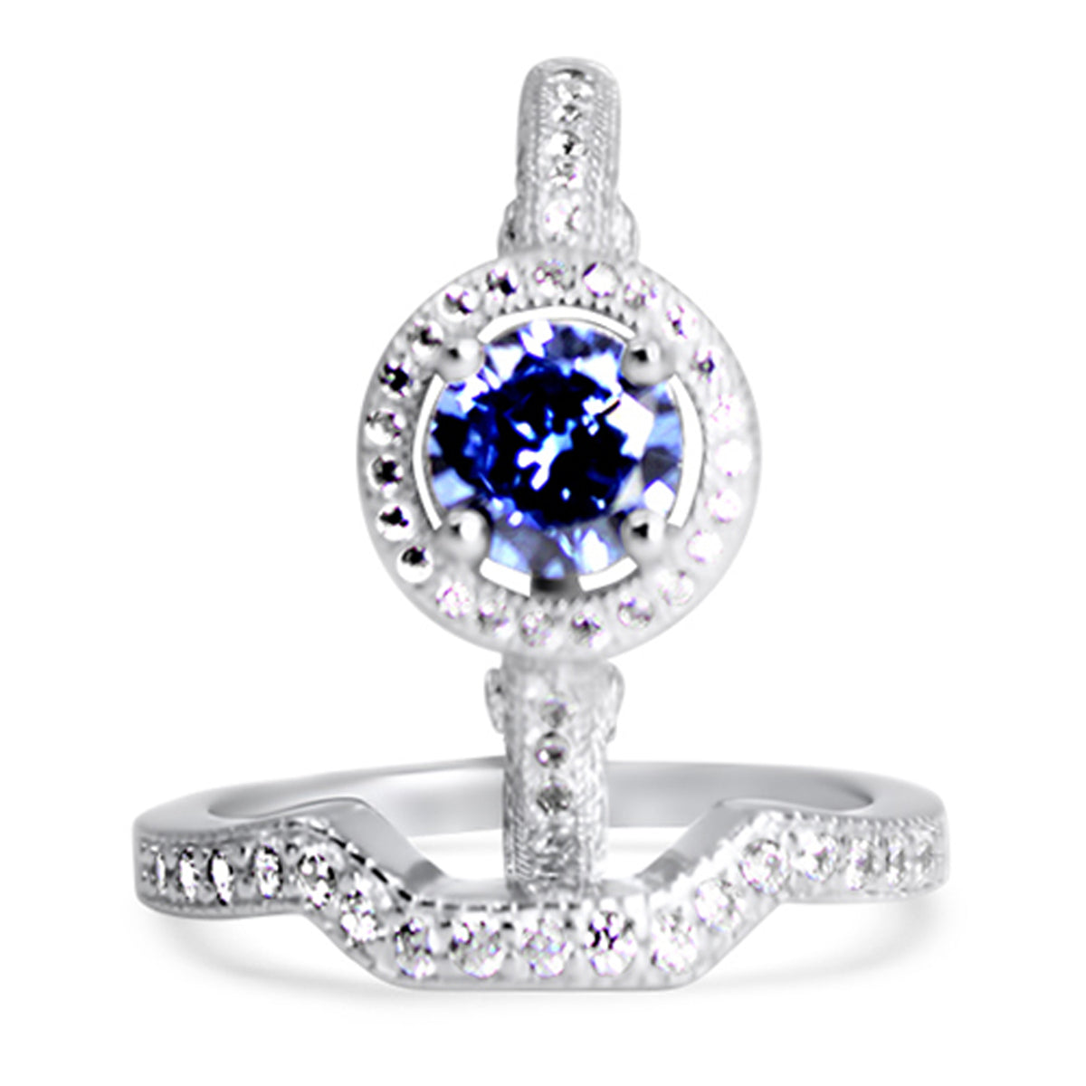 Alternate view of cZ Halo Sterling Silver Wedding and Engagement Ring Set | Style 151