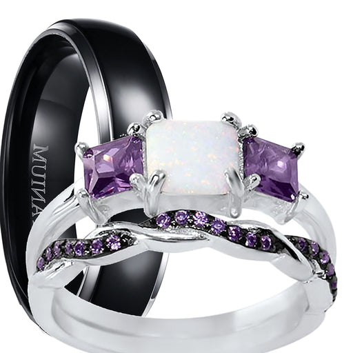 His Her Wedding Set 3 Piece Trio Opal Sterling Silver Black Titanium Wedding Band Set
