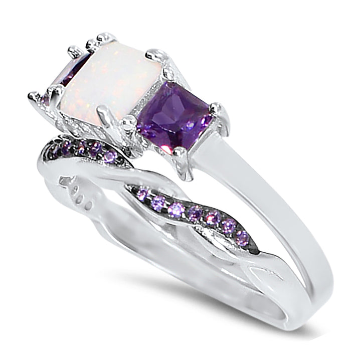 His Her Wedding Set 3 Piece Trio Opal Sterling Silver Black Titanium Wedding Band Set