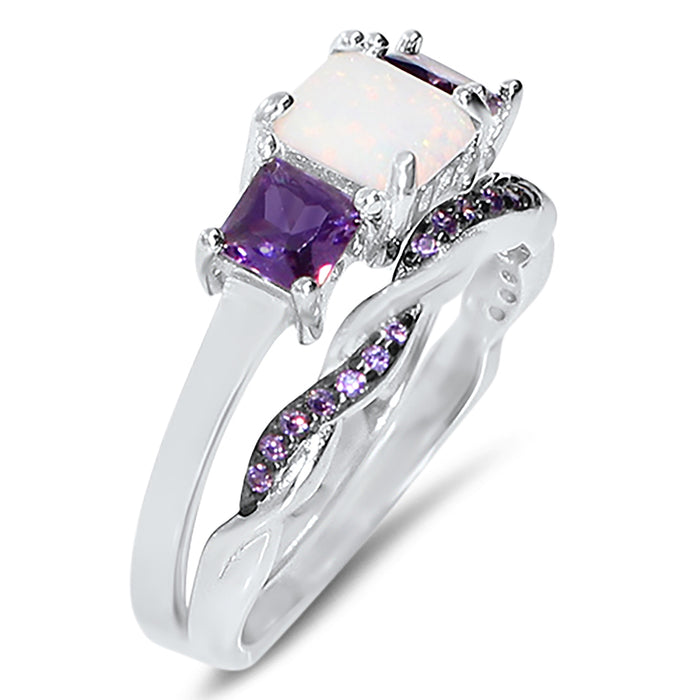 His Her Wedding Set 3 Piece Trio Opal Sterling Silver Black Titanium Wedding Band Set