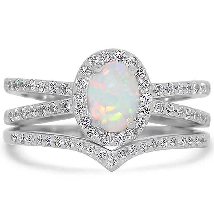 His and Her Wedding Ring Set Sterling Silver Opal
