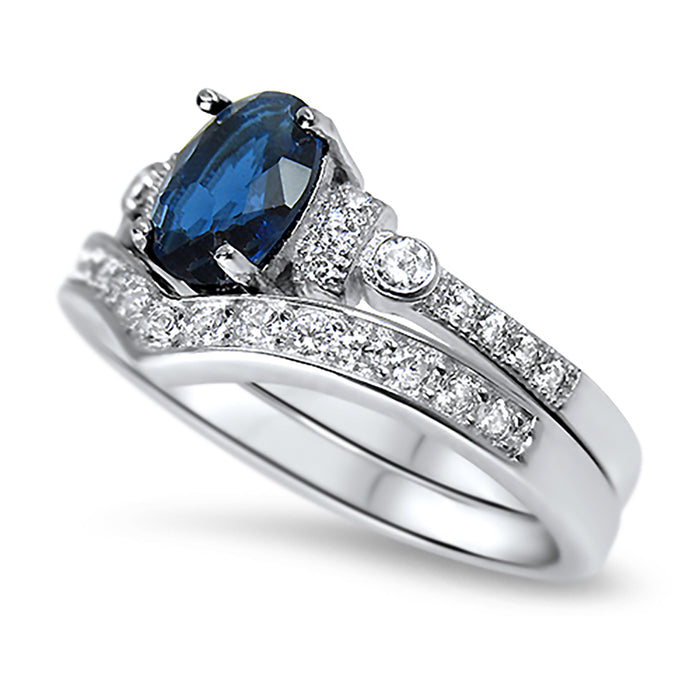 His & Her Wedding Ring Set Blue Simulated Sapphire & White CZ Silver Steel Couples Rings