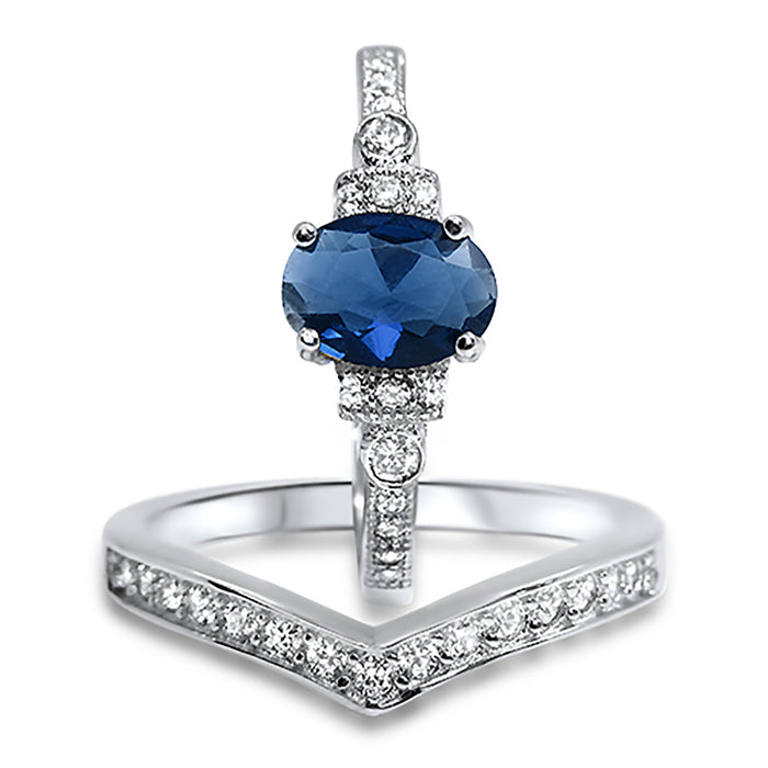 His & Her Wedding Ring Set Blue Simulated Sapphire & White CZ Silver Steel Couples Rings