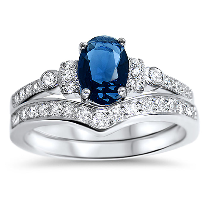 His & Her Wedding Ring Set Blue Simulated Sapphire & White CZ Silver Steel Couples Rings