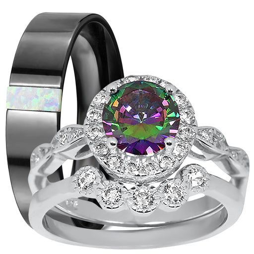 His Her Wedding Set 3 Piece Trio Sterling Silver Black Ceramic Wedding Band Set