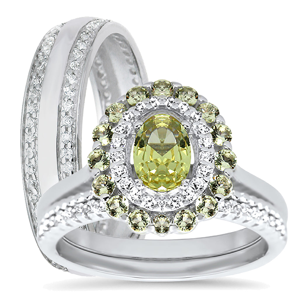 His and Her Simulated Peridot Green TRIO Wedding Engagement Ring Set