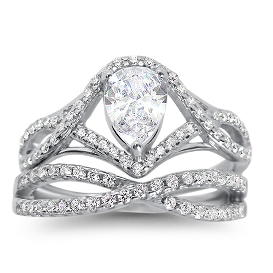 Front view of the women's pear-cut cz bridal ring set, showing the engagement ring and matching wedding band on white.