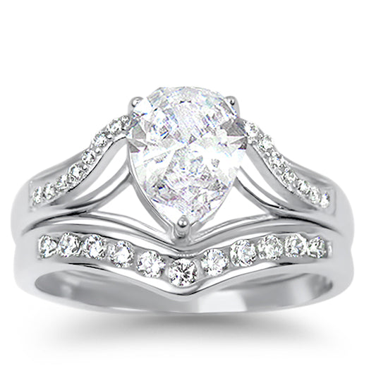 Front view of the women's pear-cut cz bridal ring set, showing the engagement ring and matching wedding band on white.