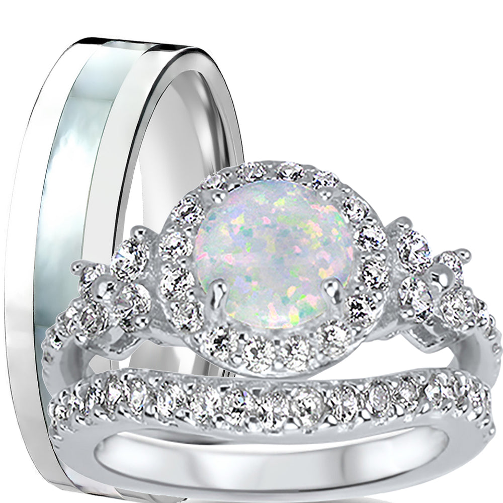 His and Her Vintage Style Lab White Opal Wedding Engagement Ring Set Silver Titanium