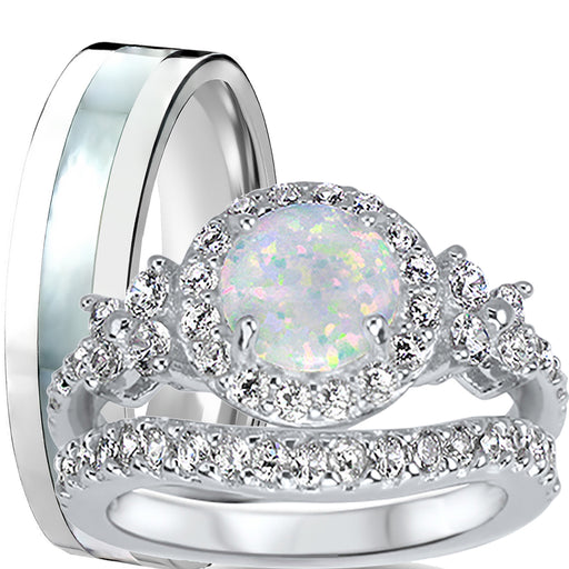 His and Her Vintage Style Lab White Opal Wedding Engagement Ring Set Silver Titanium