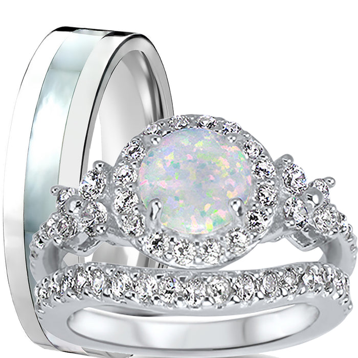 His and Her Vintage Style Lab White Opal Wedding Engagement Ring Set Silver Titanium