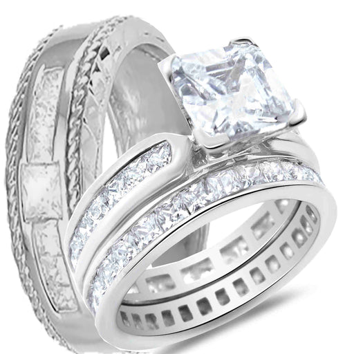 His and Hers 3 Piece Sterling Silver Princess Cut CZ Wedding Engaement Ring Set