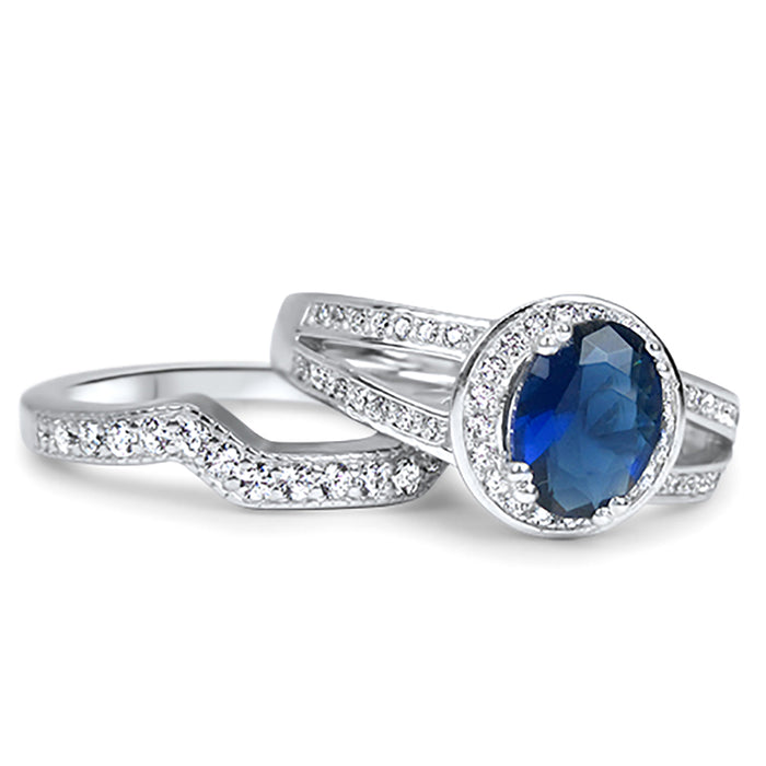 His and Her Simulated Blue Simulated Sapphire Sterling Silver Steel Wedding Ring Set