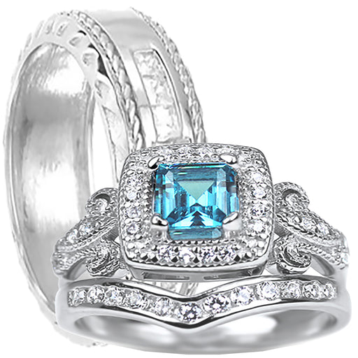 His and Her Wedding Ring Set Vintage Princess Cut Simulated Blue Topaz Sterling Silver