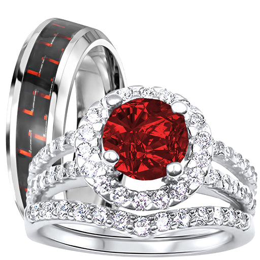 His and Her Wedding Rings, Ruby Red CZ July Birthstone Wedding Engagement Couples Rings Set