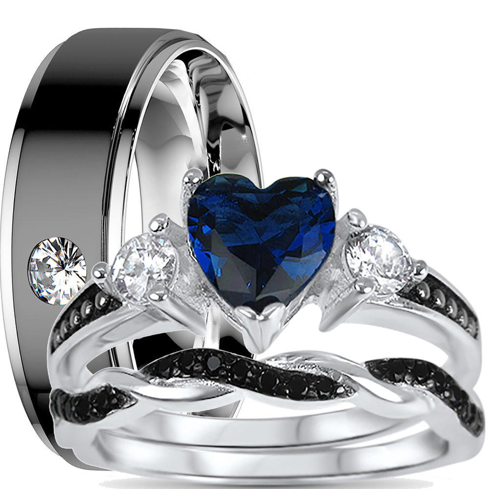 Unique His and Her Wedding Set Blue Black Engagement Rings Him Her