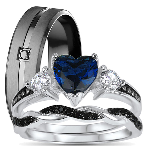 LaRaso & Co His Hers 3 Piece Trio Sterling Silver Blue Black Wedding Band Engagement Ring Set
