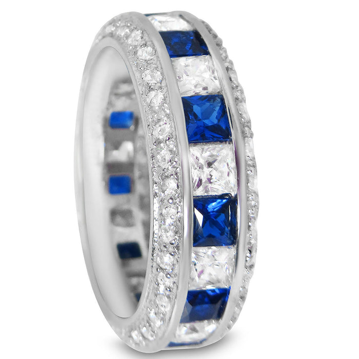 His Her Wedding Rings Set in Sterling Silver Blue Sapphire Halo Bridal Set with Matching Band