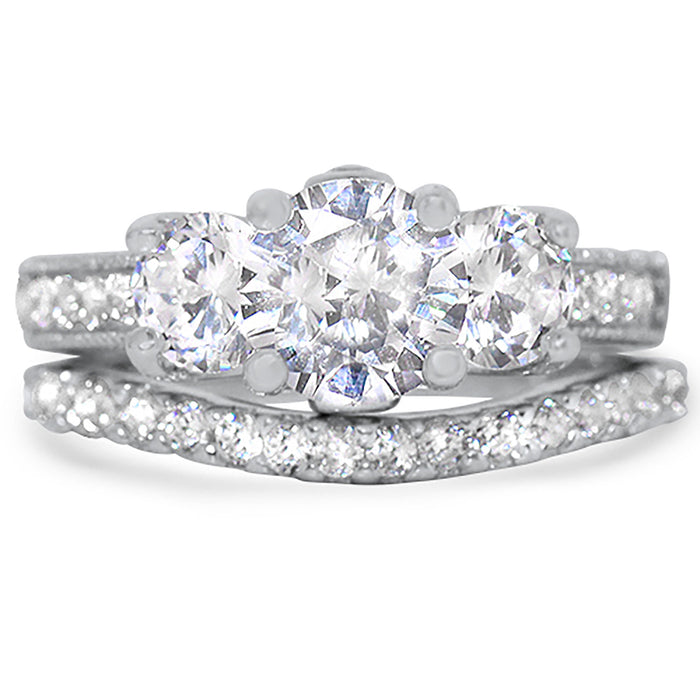Three Stone CZ Wedding Engagement Ring Set