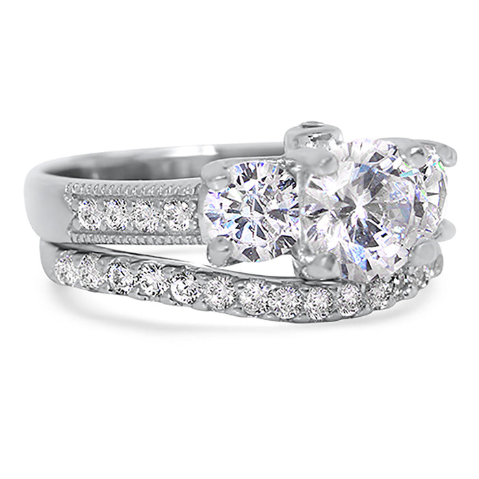 Three Stone CZ Wedding Engagement Ring Set