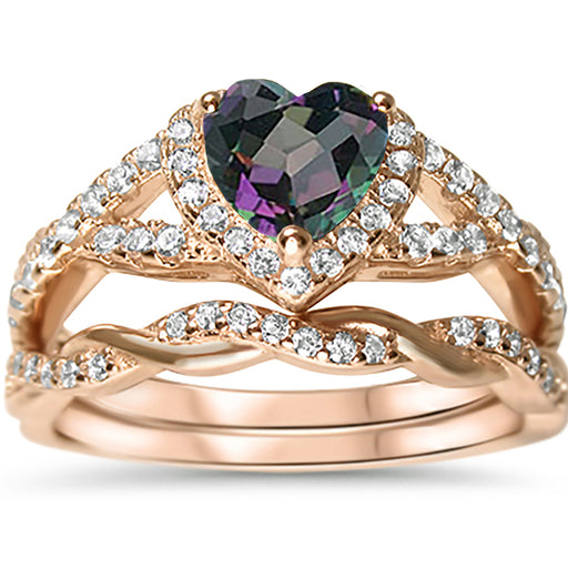 LaRaso & Co 1 Carat Black Morganite Heart CZ Wedding Ring Set 14K Rose Gold Over Sterling Silver Size 10