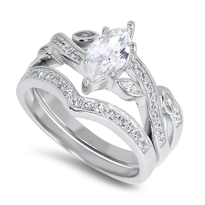 Marquise Cut Sterling Silver Vintage CZ Wedding Engagement Ring Set for Women