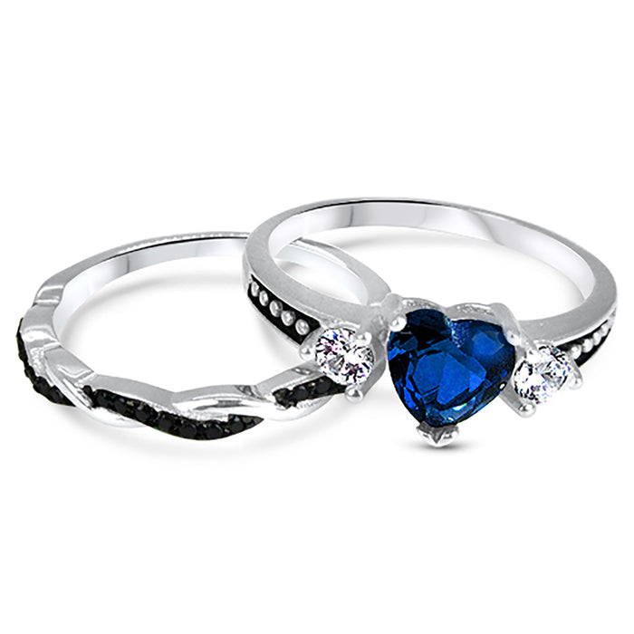 His and Her Unique Wedding Rings Set Blue Black Couples Rings Him Her