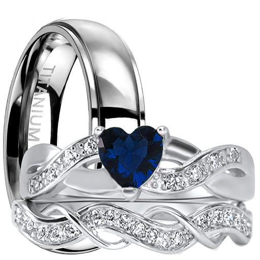 His and Her 3 Piece TRIO Wedding Ring Set
