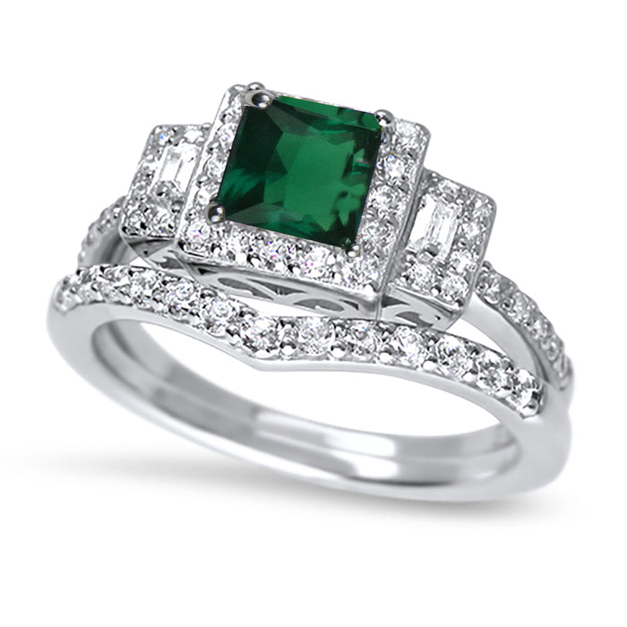 His and Her Sterling Silver Emerald Green Wedding Engagement Rings Set