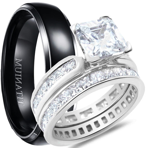 His and Her 3 PCS Wedding Engagement Ring Set Matching Bands for Bride and Groom