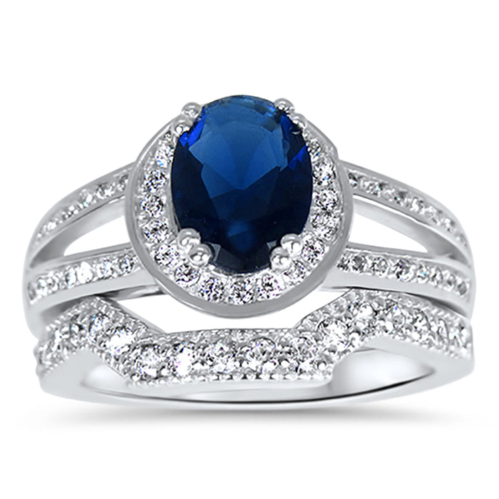 His Her Wedding Ring Set Sapphire Blue CZ Silver Steel Couples Rings Him Her
