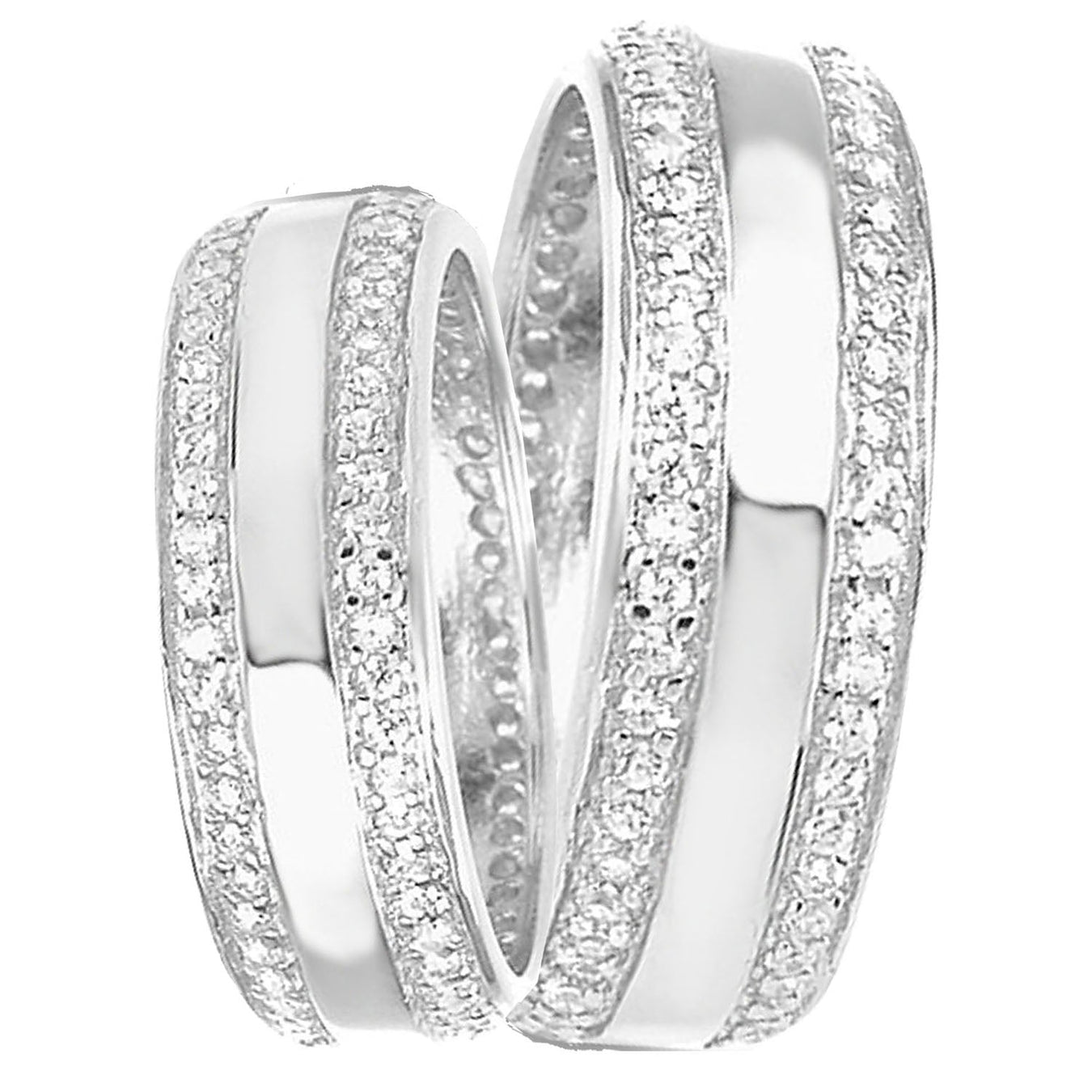 Front view of his and Hers Matching Sterling Silver CZ Wedding Bands 5mm | Style 039