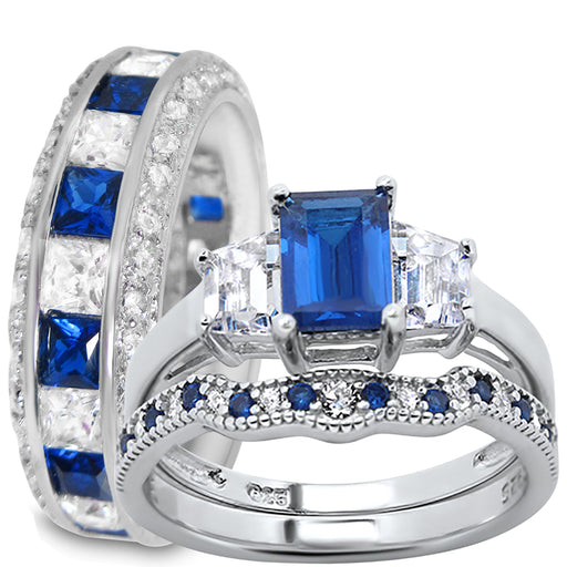 His Hers Wedding Rings Blue CZ Bridal Engagement Wedding Set Sterling Silver Bands Him Her 10/10