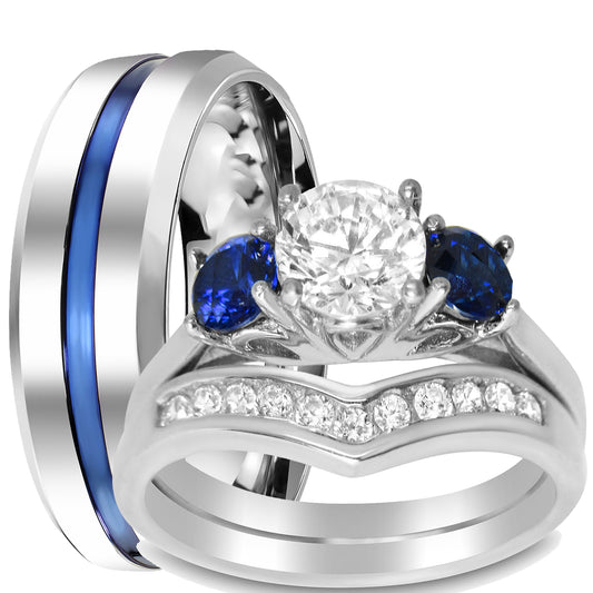 His and hers sapphire wedding ring set with sterling silver bridal rings and stainless steel men's band on white background