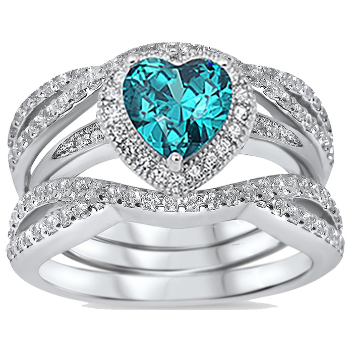 His and Her TRIO Wedding Rings Set Simulated Blue Topaz Bridal Set Black Titanium Wedding Band