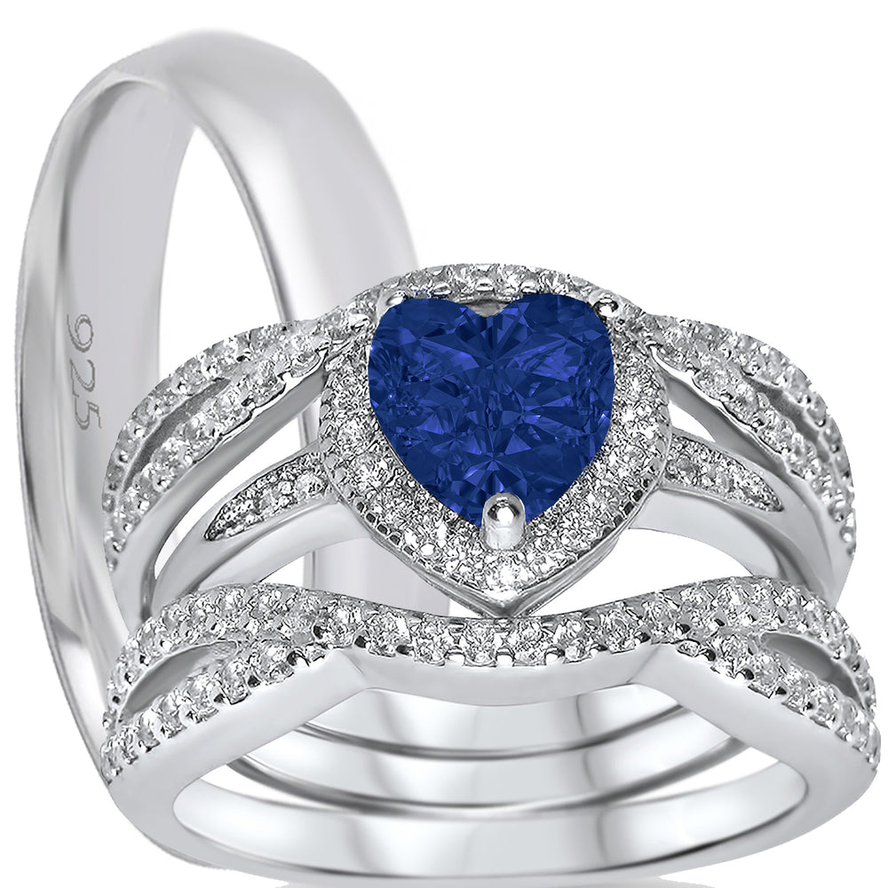 His Her Wedding Ring Set Sterling Silver Sapphire Heart CZ for Men Women